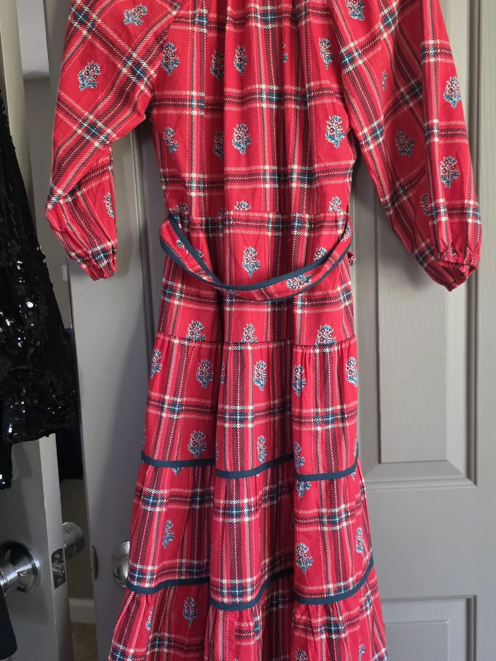 Printfresh Red Plaid Tiered Maxi Dress with Blue Floral Motif - Picture 5 of 5
